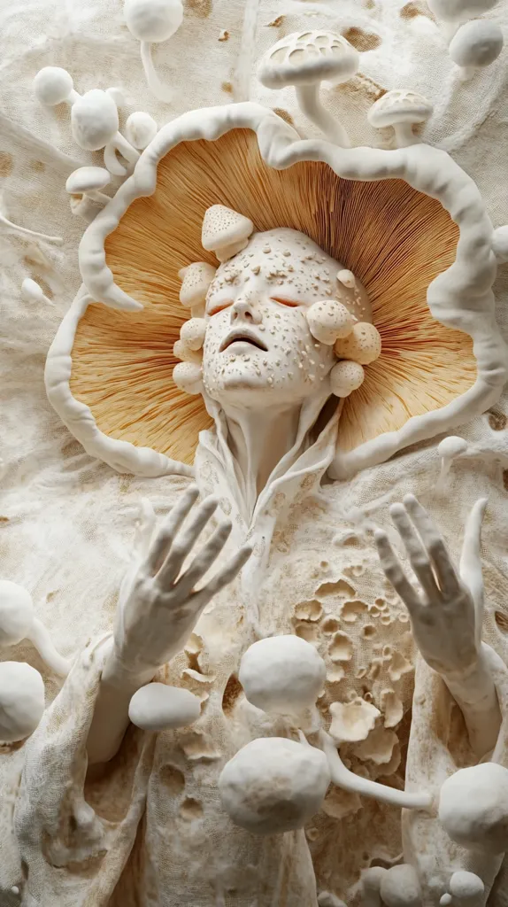A white, otherworldly figure is surrounded by a cluster of mushrooms. Its face has a soft, feminine quality, with closed eyes and a gentle expression. The mushrooms are a variety of shapes and sizes, with some appearing to be growing from the figure's body. The scene is dreamlike and surreal, creating a sense of wonder and mystery.