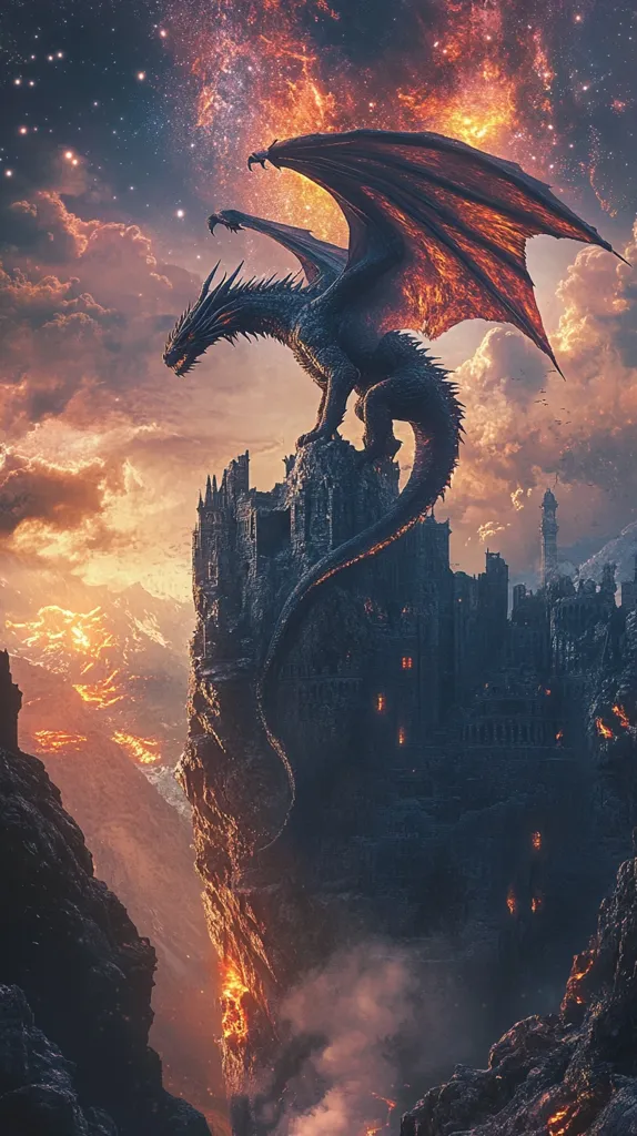 A massive, fire-breathing dragon perches atop a crumbling, ancient fortress.  Its wings are spread wide, casting a shadow over the rocky landscape below.  Flames erupt from the mountainside, illuminating the night sky, dotted with stars and a swirling nebula.  The scene is epic and dramatic, suggesting a battle or a powerful presence.
