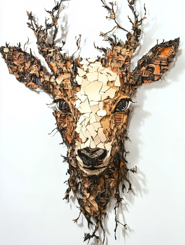 The image is a close-up of a deer's head sculpted from layered pieces of paper that have been cut and arranged to create a unique texture and pattern. The deer's antlers are made of thin, branching pieces of paper that give the impression of delicate twigs. The deer's face is detailed, with a small, pointed nose and large, dark eyes. The overall effect is one of both fragility and strength, with the delicate paper seeming to defy gravity and hold its form.