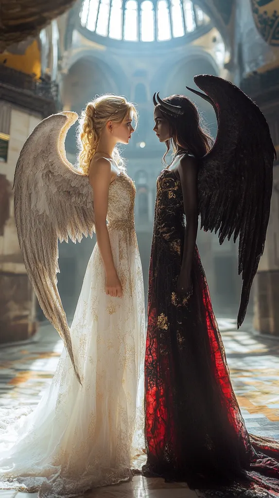 Two women stand facing each other, one with large white angel wings, the other with large black devil wings. The angel wears a white gown with gold accents and has long blonde hair. The devil wears a long black dress with red accents and has long dark hair. The image is set in a grand, ancient cathedral with a high ceiling and ornate architecture. The lighting is soft and ethereal, creating a dramatic contrast between the two figures. The image evokes a sense of duality and the eternal struggle between good and evil.