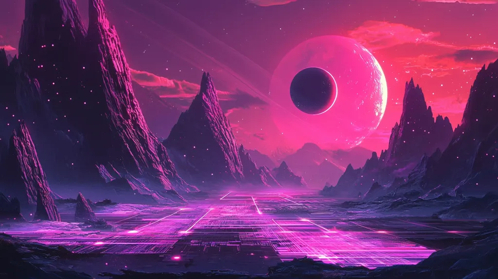 A vibrant, pink and purple landscape with a large, ringed planet in the background. Tall, jagged mountains rise from a grid-like surface, while a black void appears within the pink ring. The scene evokes a futuristic, alien world.