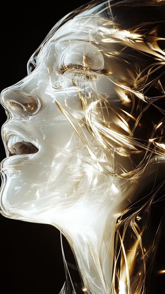 The image is an abstract portrait of a woman's face, rendered in shimmering white and gold. Her features are obscured by a swirling, translucent veil, creating a sense of mystery and ethereal beauty. The use of light and shadow adds depth and dimension to the artwork, highlighting the intricate details of the veil.  The composition is both elegant and captivating, leaving the viewer to interpret the meaning behind the veiled visage.