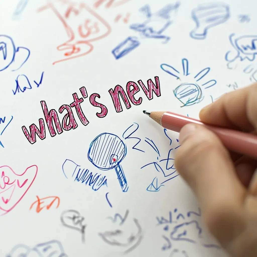 The image shows a hand holding a pink pencil, writing the words "what's new" in pink on a white sheet of paper with colorful scribbles and drawings all around. The word "new" is being written at the time of the image, with the hand starting to write the "w". The scribbles and drawings on the paper are various shapes and sizes, with some representing faces, and others simply abstract shapes.