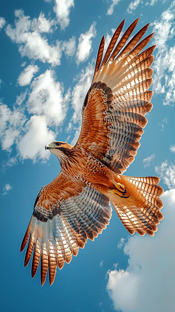 A hawk with brown and white plumage soars through the blue sky with fluffy white clouds. The hawk is looking to the right of the frame, its wings spread wide.  The feathers are visible in great detail,  creating a striking visual.  The image captures the beauty and freedom of flight.