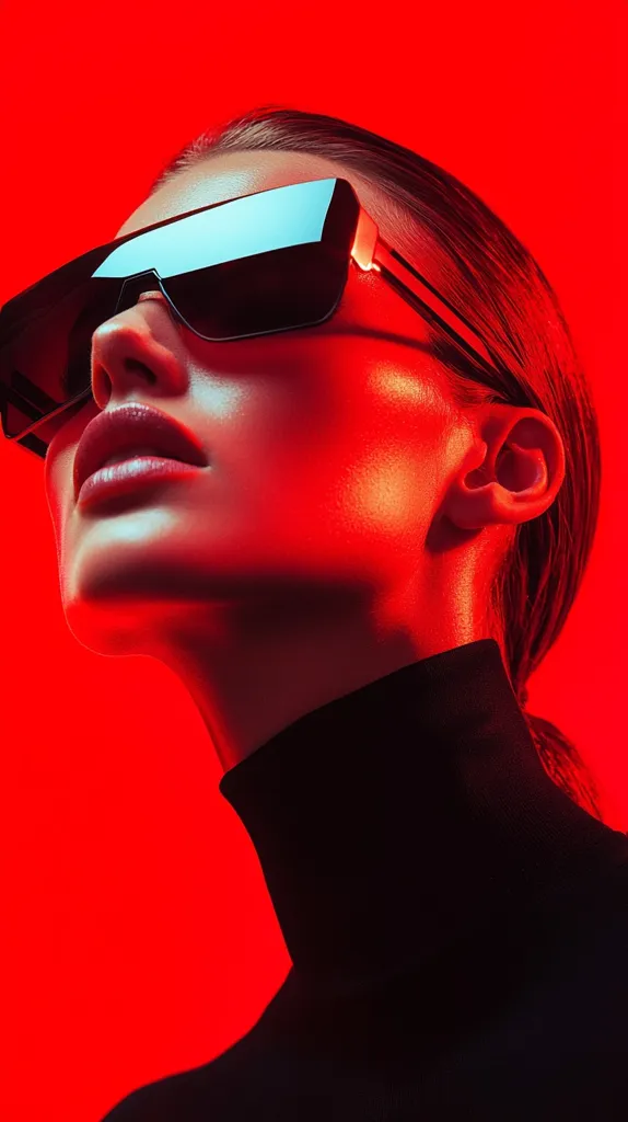 A woman with dark hair wears black sunglasses and a black turtleneck sweater. She is posed against a bright red background, and her face is illuminated by a soft glow. The contrast of the dark clothing and the bold red color creates a striking image.  Her expression is neutral.  The photograph has a futuristic or artistic feel.