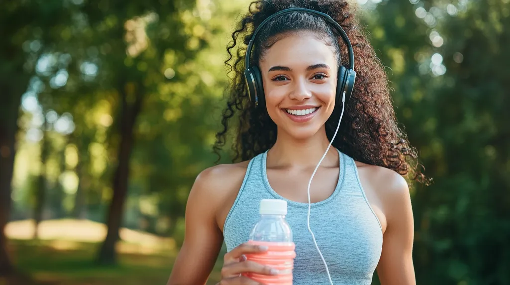 A young woman with curly hair and a bright smile is wearing headphones and a grey sports bra. She is holding a pink water bottle and standing in a park with trees and lush green grass.  She appears to be enjoying her outdoor workout.