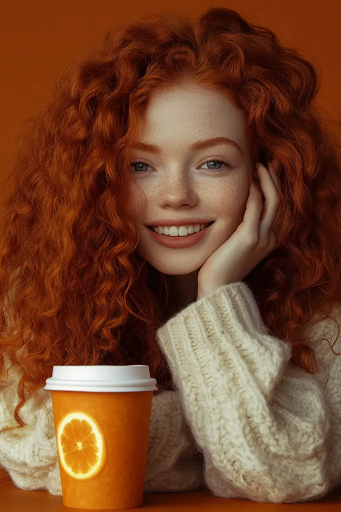 A young woman with long, curly red hair smiles while resting her chin on her hand. She is wearing a white knitted sweater and holding a cup of coffee with a slice of orange in it. The background is a warm orange color. The woman's freckled face and bright smile create a cheerful and inviting mood.