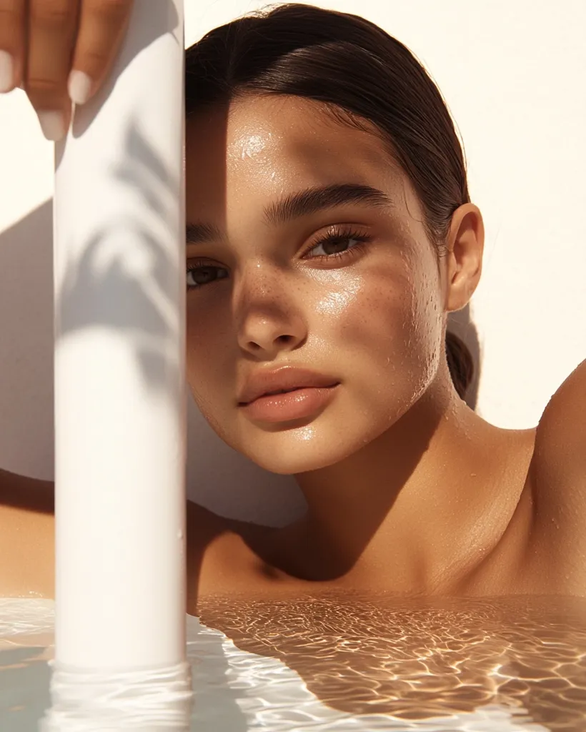 A woman with tanned skin and long dark hair leans against a white pole, her face partially obscured. The sunlight casts shadows across her features, highlighting her natural beauty. The background is a blur of white and water, creating a serene and dreamy atmosphere.  The image evokes a sense of calm and relaxation, with the woman seemingly enjoying a moment of peace in the water.