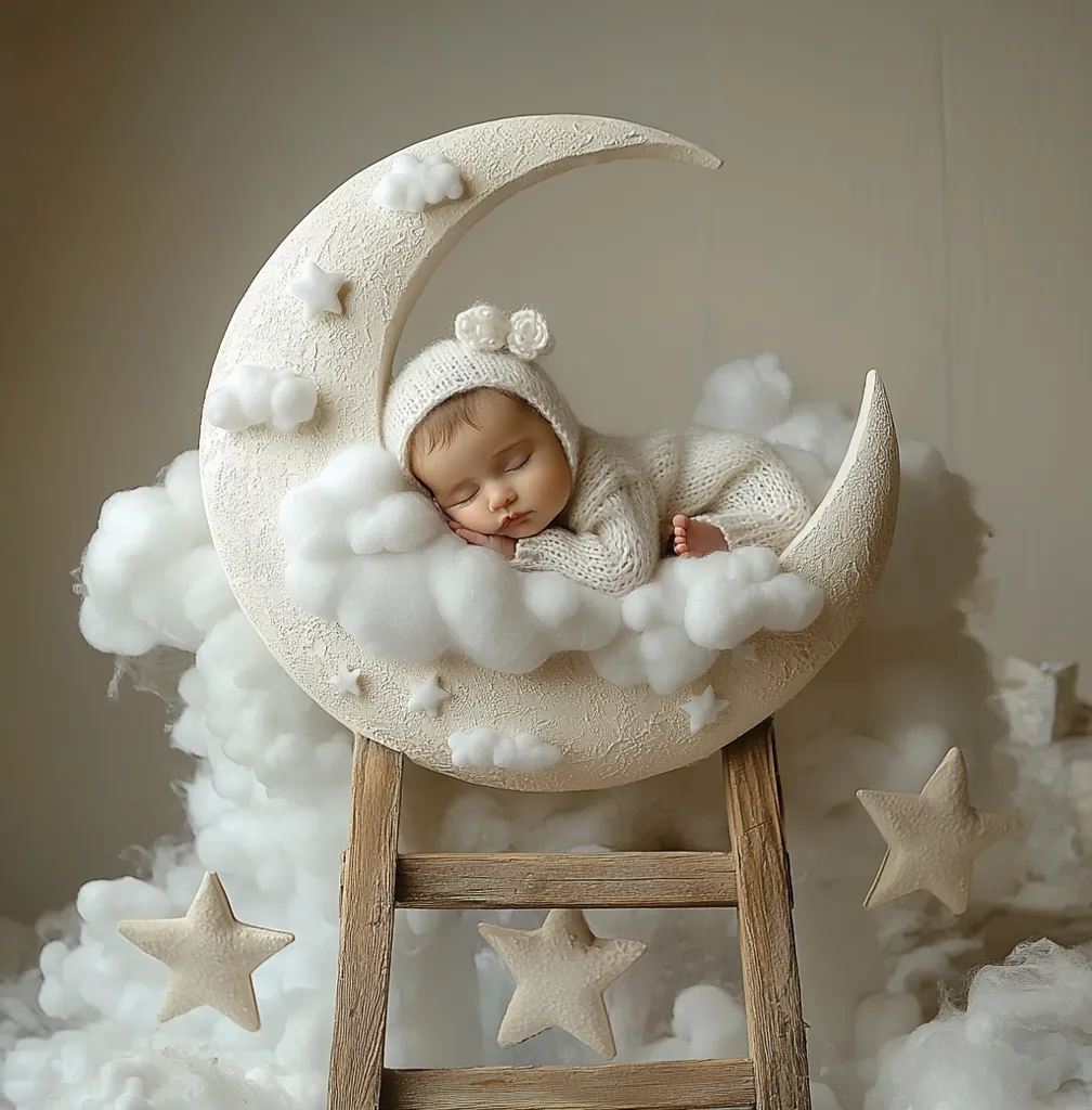A baby in a white knitted outfit sleeps peacefully on a crescent moon prop, surrounded by white clouds and stars. The moon sits atop a wooden ladder, creating a whimsical scene of celestial dreams. The image captures the innocence and beauty of a newborn, symbolizing the purity and magic of childhood. The soft colors and textures enhance the overall tranquility and serenity of the photograph.