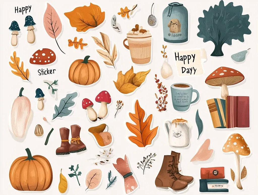 The image features a collection of colorful, autumn-themed stickers. There are pumpkins, leaves, mushrooms, boots, mugs, and other fall-inspired elements. The stickers are arranged in a playful, random fashion against a white background, creating a cheerful and inviting feel.  The phrase "Happy Day" is prominently displayed, adding a touch of warmth and sentimentality.  These stickers would be perfect for decorating notebooks, journals, or adding a touch of autumn cheer to any surface.