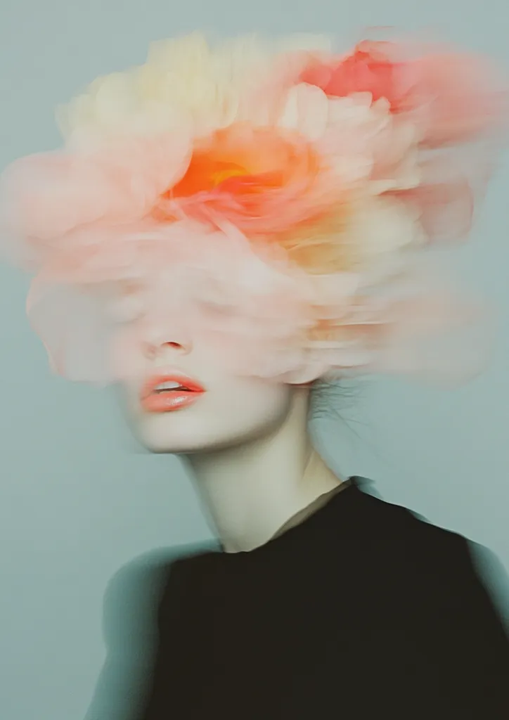A woman with soft, pale skin wears a black top.  A large, pink flower, with a yellow center, obscures her face. The flower is translucent and seems to float in the air, creating a dreamy and ethereal effect. The background is a pale, hazy blue, adding to the dreamlike quality of the image.