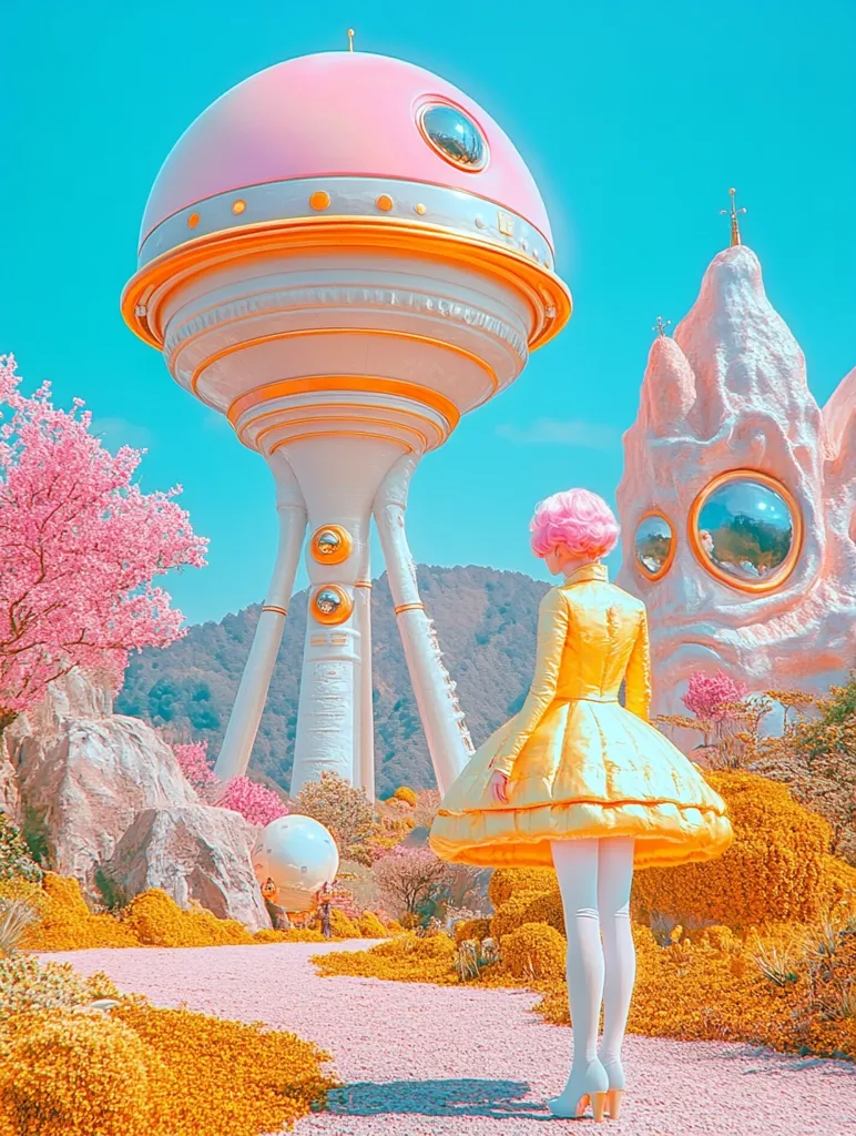 A whimsical scene with a giant, pink, dome-shaped structure that resembles a spaceship, surrounded by lush, yellow and pink foliage. A woman in a bright yellow dress walks away from the structure down a pink pathway. The backdrop features a mountainous landscape with a fantastical rock formation. The image is saturated with vibrant colors and a dreamy, surreal atmosphere.