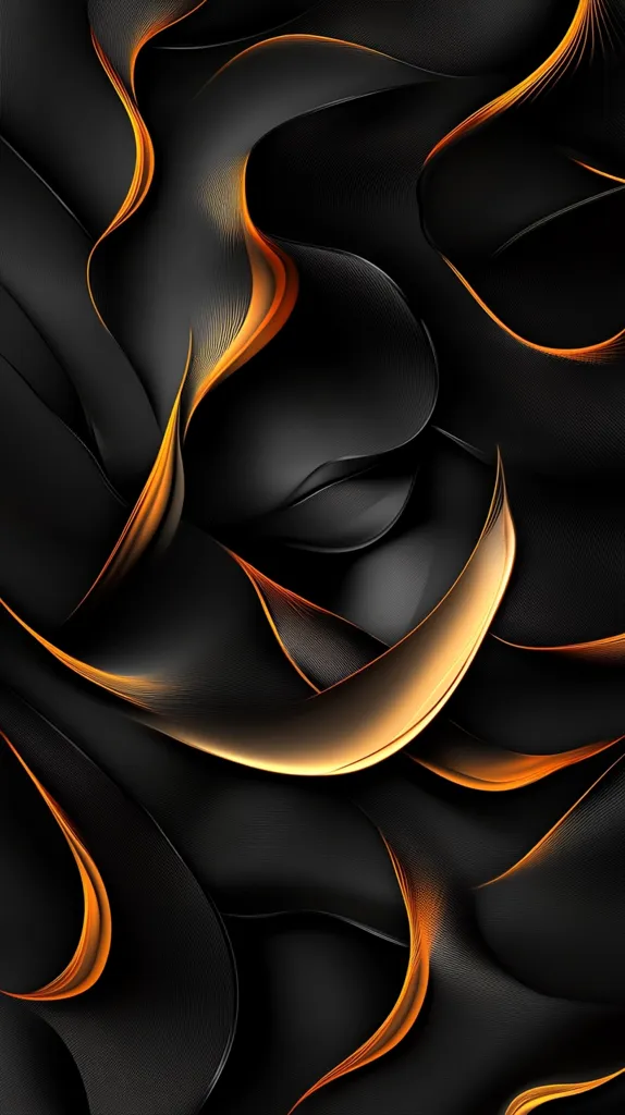 The image is an abstract design featuring a black background with orange and yellow flowing lines that create a sense of movement and depth. The lines are arranged in a complex pattern, and the contrast between the dark background and the bright lines is striking. The design is minimalist and elegant, with a focus on form and texture. The smooth curves and subtle highlights suggest a sense of fluidity and motion. The image is visually appealing and evocative, inviting viewers to explore its intricate details.