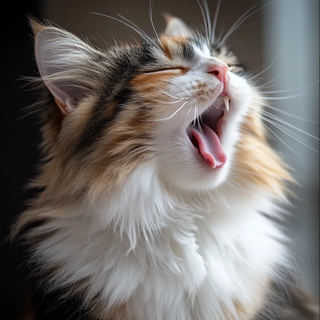 A fluffy, tri-colored cat with long whiskers yawns widely, revealing its pink tongue and teeth. Its eyes are closed, and its fur is soft and white around its neck.  The cat's expression is one of pure relaxation and contentment.  The background is blurred, allowing the focus to remain on the cat's adorable yawn.