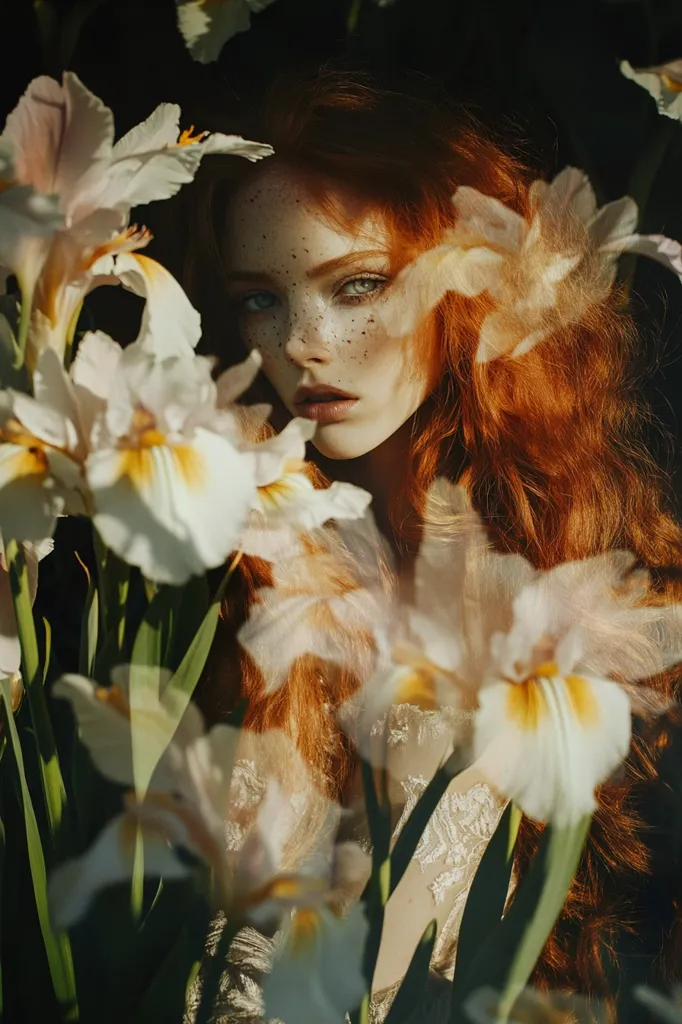 A woman with long red hair and freckles peeks through a thicket of white irises.  She is wearing a white, lacy dress and her eyes are a soft blue. The flowers are in focus while the woman is slightly out of focus, creating a dreamy, ethereal look. The light is soft and warm, creating a romantic and delicate atmosphere.  The scene feels timeless and magical.