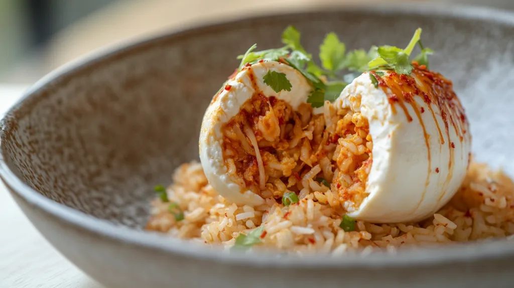 A bowl of rice with a halved poached egg on top. The egg is filled with a spicy, orange-colored filling. The dish is garnished with fresh parsley and a drizzle of sauce. The bowl is white with a textured surface. The image focuses on the egg and its filling.  The egg is a delicious looking meal.