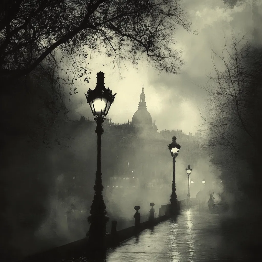 A misty, monochromatic cityscape with a line of street lamps illuminated along a cobblestone path. The street is empty except for a lone figure in the distance. In the background, the silhouette of a church with a dome rises above the fog. The scene is shrouded in a mysterious and atmospheric ambiance.