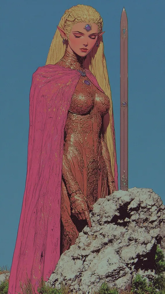 A female elf with long blonde hair and pointed ears stands beside a large rock, her hand resting on its surface. She wears a pink cloak and a golden dress, and her eyes are closed. She holds a long, silver sword at her side. The background is a simple, blue sky. The image has a fantasy or mythological aesthetic.