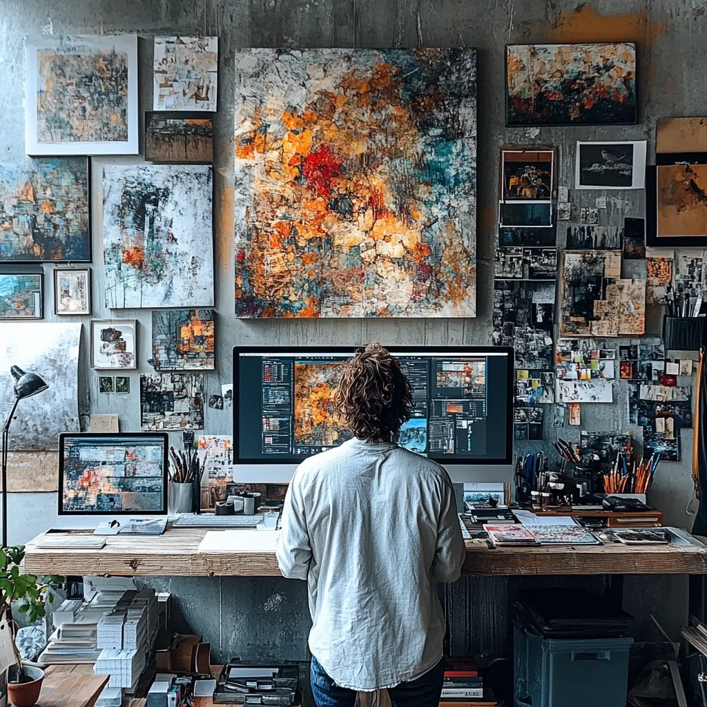 A person is working on a computer in a studio space. The computer screen shows an image similar to the large painting behind it. The studio is decorated with many paintings, photos, and other artwork, creating a creative and inspiring atmosphere. The desk is cluttered with tools and supplies, suggesting ongoing work. The person's back is turned to the camera, their focus is on their work.