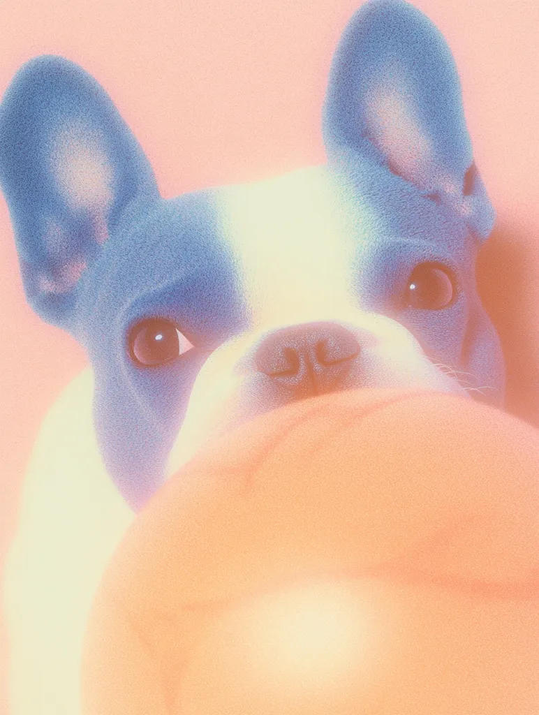 A close-up of a French Bulldog's face. The dog has a soft, light blue and white coat. Its right ear is erect, and its eyes are large and dark. The dog's nose is black, and its tongue is slightly visible. The background is a soft pink, which makes the dog's fur appear even more vibrant. The image has a dreamy and nostalgic feel.