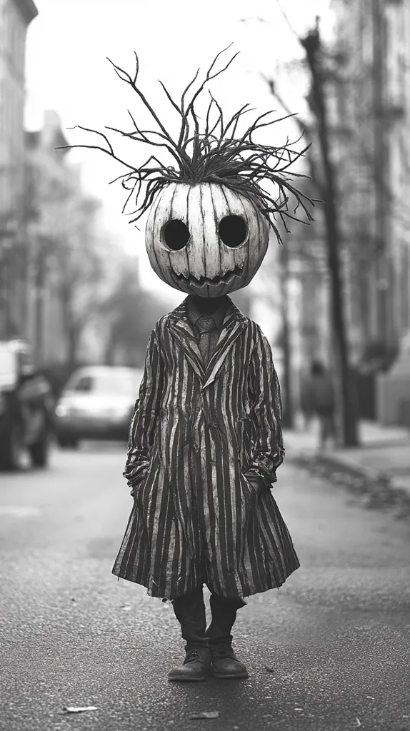 A figure stands in a street, a large, carved pumpkin head replacing its own. The pumpkin head has a carved face and a stem made of gnarled branches, creating a spooky and Halloween-themed aesthetic. The figure is dressed in a long, striped coat with a tie, standing in a pose that suggests a melancholy and perhaps slightly ominous presence. The black and white photograph emphasizes the contrasting light and dark tones, contributing to the overall eerie atmosphere.