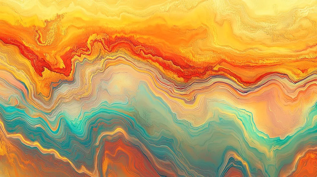The image is an abstract painting with a mix of swirling colors and shapes. The colors are primarily warm, including shades of yellow, orange, and red. There are also cool colors like blue and green, creating a contrast. The lines and curves create a sense of movement and flow, giving the painting a dynamic feel. The overall effect is both vibrant and calming.