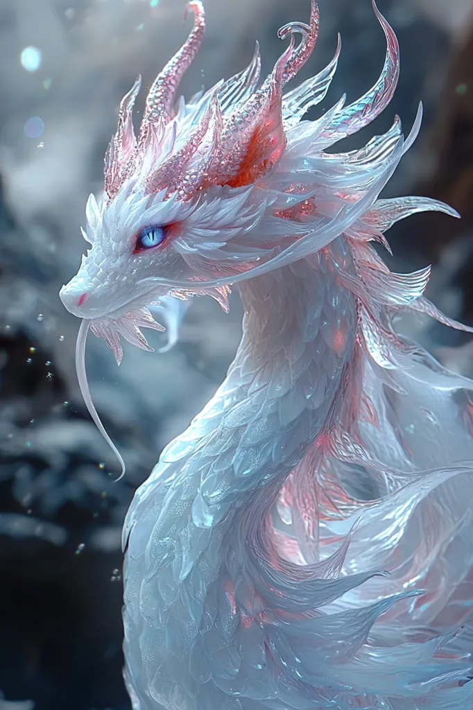 The image depicts a majestic white dragon with intricate, translucent scales and a flowing mane of white feathers. Its blue eyes are piercing, and its head is tilted slightly, giving it a curious and thoughtful expression. The dragon's body is curled in a graceful curve, suggesting power and elegance.  The soft lighting and ethereal background create a dreamy and magical atmosphere.