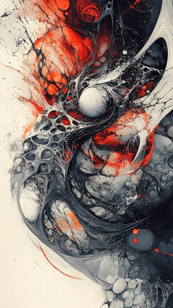 The image is an abstract painting with swirls of black, grey, and orange paint, creating a complex and dynamic composition. The colors blend and contrast, creating a sense of depth and movement. There are scattered bubbles and orbs throughout the painting, adding to the abstract and organic feel. The overall effect is a captivating and visually stimulating work of art.
