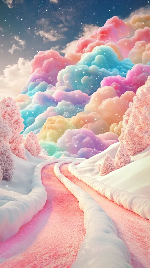 A winding path leads through a snowy landscape, framed by fluffy pink trees. Above, a vibrant sky is filled with cotton candy-like clouds in shades of pink, blue, and yellow, sparkling with tiny snowflakes. The path is lined with white snow banks and a pink stream flows through the center. The scene is a surreal and whimsical dreamscape.