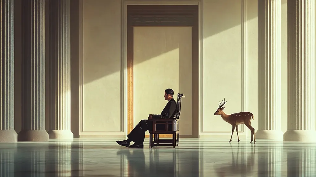 The image depicts a man in a suit sitting in a wooden chair in a large, white room with tall columns. The room is bathed in soft light, casting long shadows. A deer walks past the man,  creating a sense of solitude and contemplation.  The image evokes a feeling of isolation and stillness, suggesting a sense of introspection or waiting.