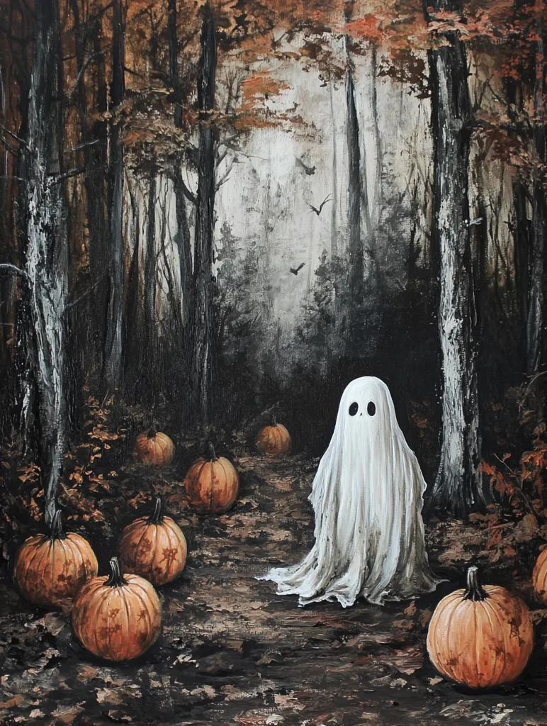 The painting depicts a spooky forest scene. A white ghost stands in the center of the path, surrounded by pumpkins and tall, shadowy trees. The forest floor is covered in fallen leaves and the air is thick with mist. The overall feeling of the painting is eerie and atmospheric, suggesting a sense of mystery and danger.