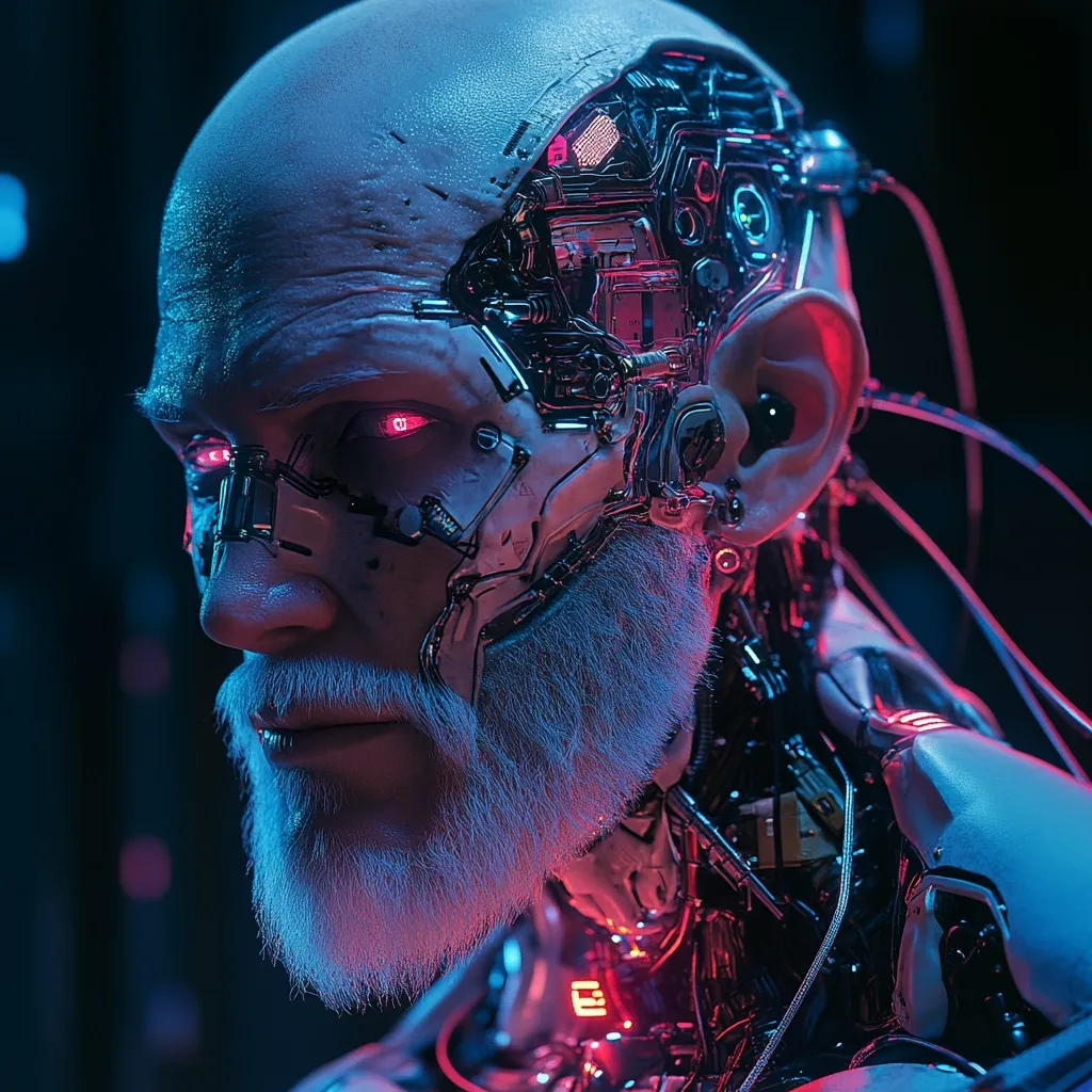 A close-up of an older man, his face partially replaced with robotic parts.  His left eye is glowing red, with intricate wiring and circuitry visible around his head.  His white beard and mustache contrast against the stark metallic elements, highlighting the fusion of human and machine.  The image is lit by a neon blue and pink light, creating a futuristic and slightly unsettling aesthetic.