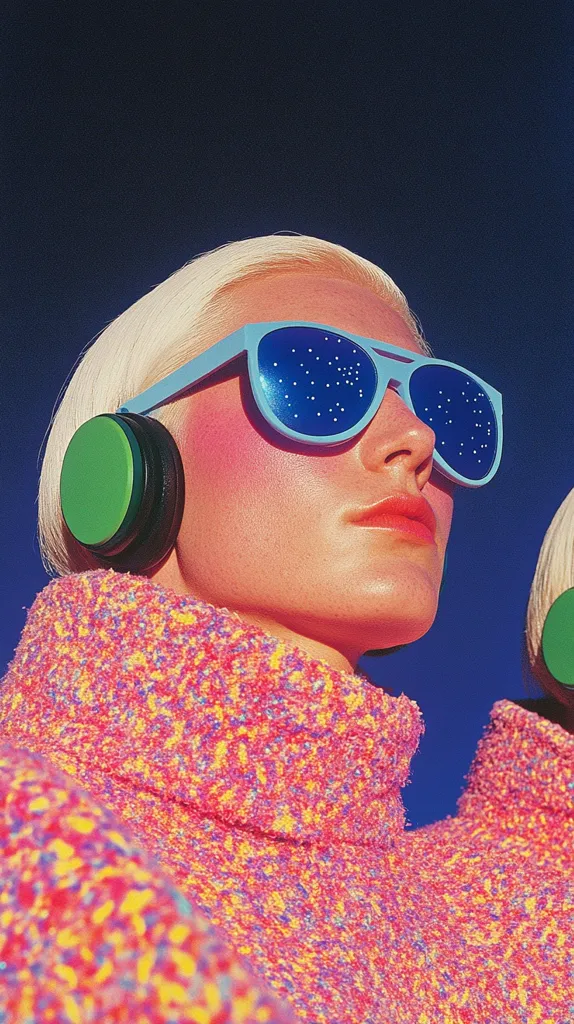 A woman with blonde hair is wearing a bright pink, yellow, and blue sweater. She is wearing large, light blue sunglasses with white speckles and a green and black headphone over her left ear. Her face is in focus, and the background is out of focus and blue.  The image has a retro feel.
