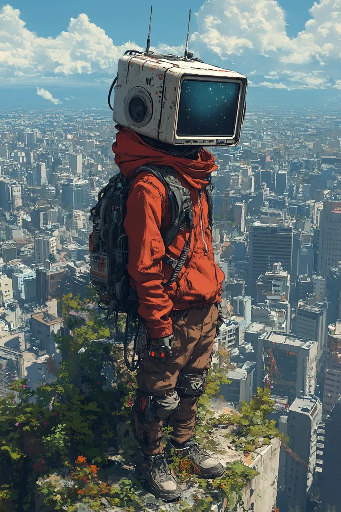 A lone figure stands on a crumbling rooftop overlooking a sprawling cityscape. They are wearing a red jacket and brown pants, with a large, white, retro television screen on their head. The screen shows a starry sky, implying a futuristic or fantasy setting. The scene is filled with a sense of isolation and wonder.  A lush green patch of vegetation grows on the rooftop, adding a touch of nature amidst the urban landscape.