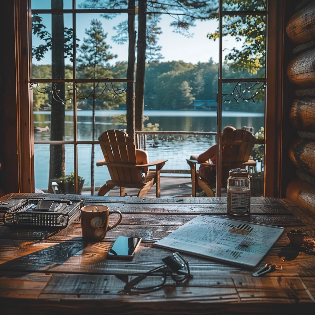 A wooden table sits beside a large window overlooking a tranquil lake and forest. The table is set with a mug, a smartphone, glasses, a notebook, and a jar. Two wooden chairs sit outside on a deck, with a person sitting in one of them. The warm natural light adds a cozy atmosphere to the scene.