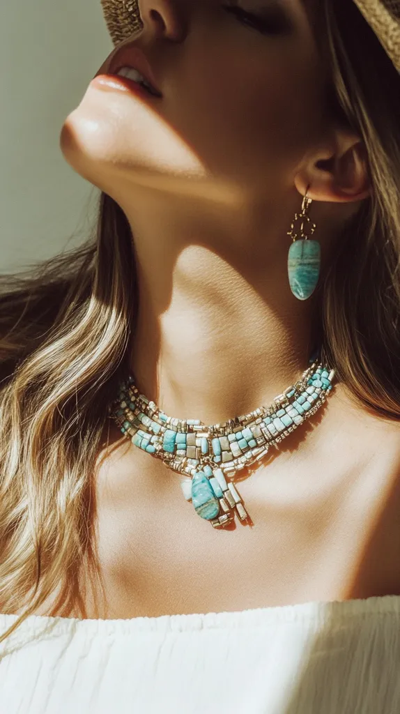 A young woman with long blonde hair wears a white off-the-shoulder top and a multi-layered necklace of turquoise and gold beads. She has a gold earring with a turquoise stone dangling from her ear. Sunlight illuminates her skin, which is smooth and glowing. Her eyes are closed, and her lips are slightly parted, suggesting a moment of peaceful relaxation.