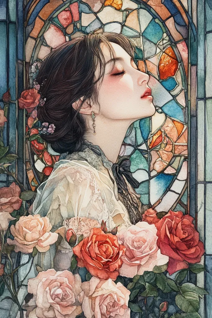 A woman with closed eyes and long dark hair is surrounded by roses, with a stained glass window behind her. She is wearing a white dress with a lace collar and a black ribbon around her neck. The painting is in a watercolor style, with soft colors and delicate details. The overall mood is romantic and dreamy.