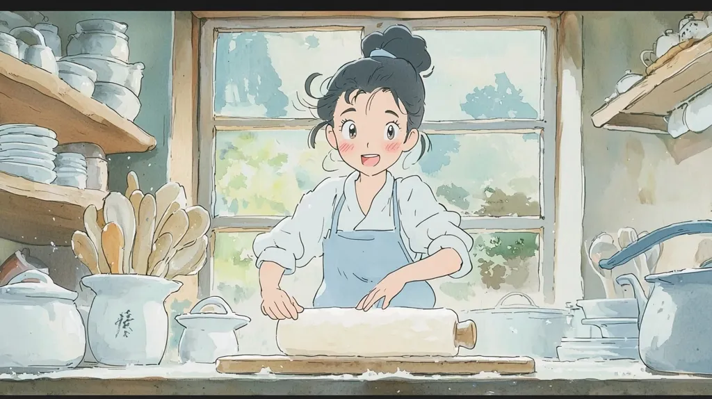 A young woman with dark hair and a blue apron is in a kitchen rolling out dough. She is smiling and seems happy to be cooking. The kitchen is full of dishes and utensils, and a window looks out onto a sunny day. The scene is bright and cheerful.