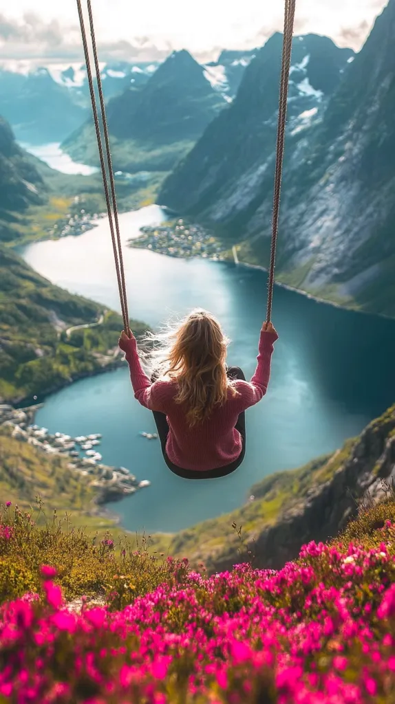 A woman with long blonde hair is swinging on a rope swing overlooking a stunning mountainous landscape. The view stretches out before her, revealing a deep blue fjord nestled between towering green mountains. The scene is bathed in warm sunlight, and the air is filled with the scent of wildflowers blooming in the foreground. The image captures a moment of tranquility and wonder, as the woman embraces the breathtaking beauty of nature.