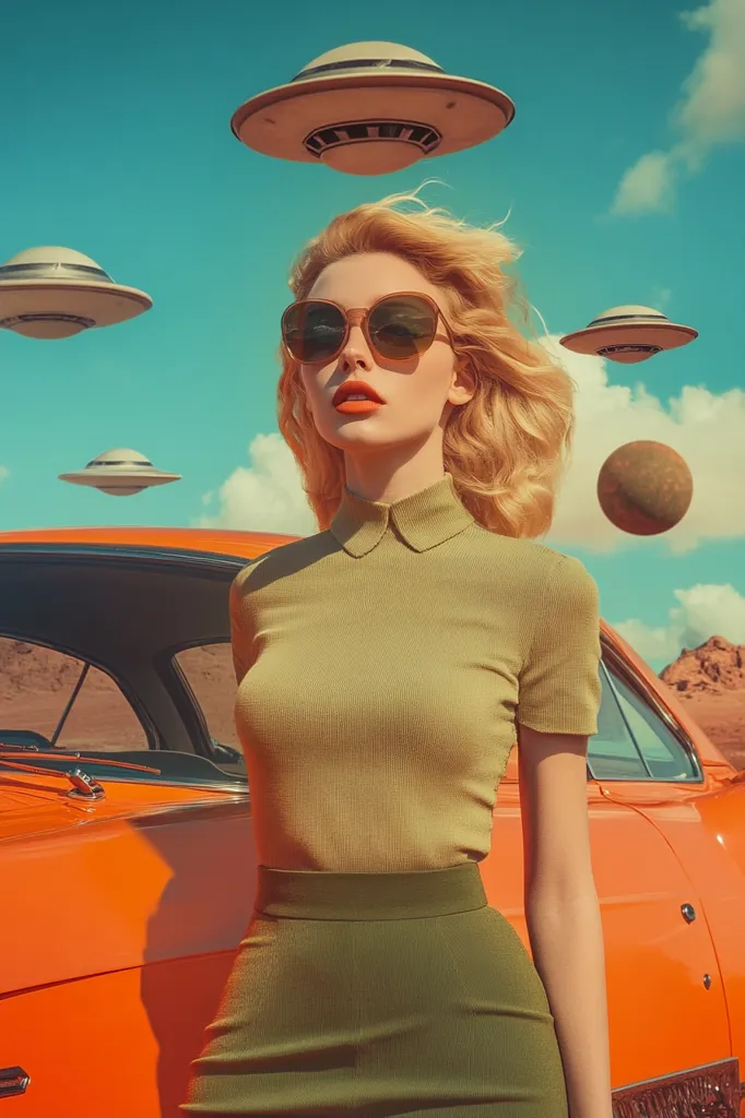 A woman with blonde hair and sunglasses stands in front of an orange classic car. The car is parked in a desert landscape, with a flying saucer overhead. The woman is wearing a green shirt and skirt, and has a confident expression. The image is a retro-inspired collage with a dreamy and surreal aesthetic.  The composition evokes a sense of mystery and intrigue.