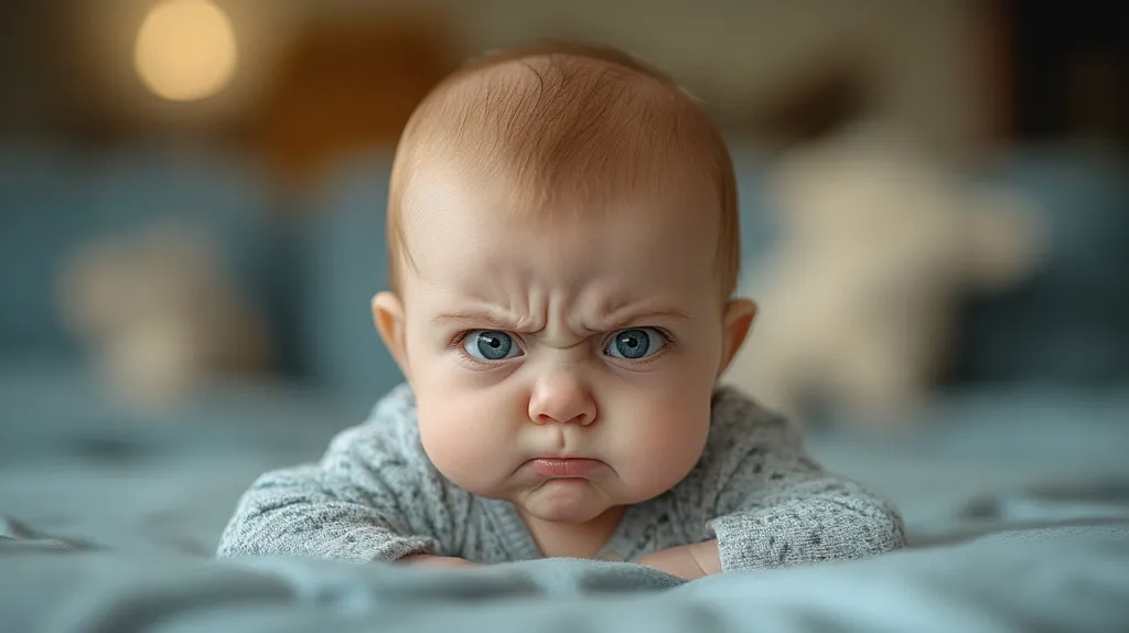 A baby with a serious expression, complete with furrowed brows and a tight-lipped frown, is lying on a soft, blue blanket. Their piercing blue eyes stare directly at the camera, their expression conveying an air of determination.  Their cheeks are rounded and chubby, adding to their youthful charm.