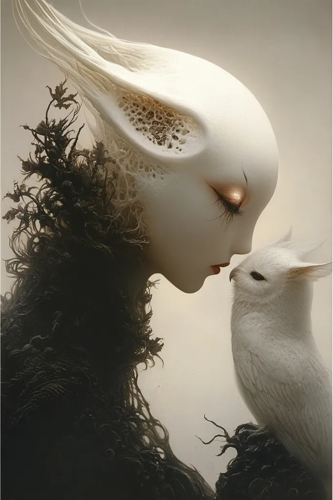 A white, ethereal creature with large, pointed ears and glowing eyes leans in towards a white owl. The creature's hair flows around them like a ghostly aura, and their skin is adorned with intricate patterns. They appear to be sharing a tender moment, as if whispering secrets to each other. The background is a soft, muted gray, creating a sense of mystery and intimacy. The creature's delicate features and the owl's wise gaze suggest a connection that transcends the physical world.