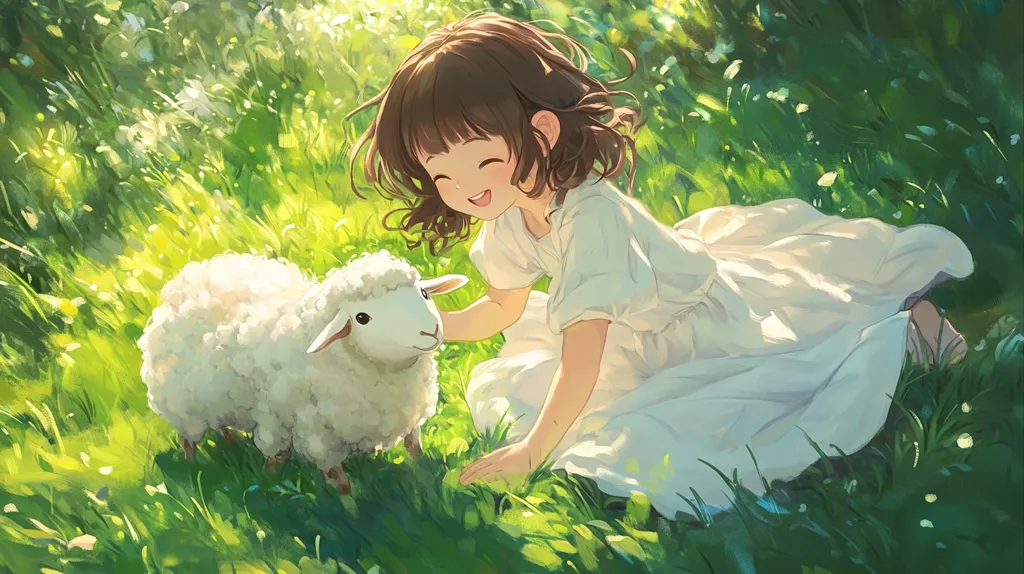 A young girl with brown hair and a white dress sits in a grassy field, smiling down at a white lamb. The sun shines brightly, casting a warm glow on the scene. The girl's expression is one of pure joy and happiness, as she pets the lamb with a gentle hand. The scene evokes a sense of peace and tranquility, suggesting a connection between the girl and the animal. The lush green grass and the bright sunlight create a vibrant and inviting atmosphere.