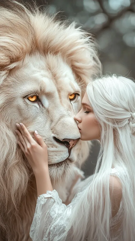 A young woman with long blonde hair is gently touching the face of a white lion. The lion's golden eyes are focused on the woman, while she gazes at the camera with a soft smile. The image captures a moment of quiet intimacy between the woman and the majestic animal, suggesting a bond of trust and affection.  The soft light and gentle background further enhance the tranquil mood of the picture.