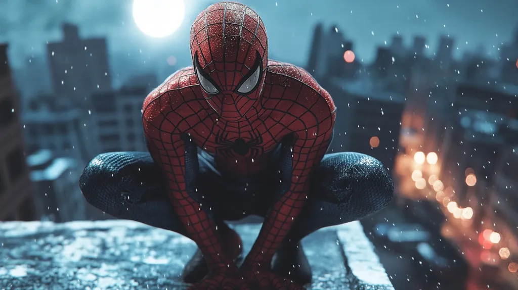 Spiderman in his red and blue suit crouches on a rooftop overlooking a city. The city lights are blurred in the background. Rain falls around him, and he looks down at the cityscape. The moon shines brightly in the background.  The image is dark and moody, creating a sense of mystery and anticipation.