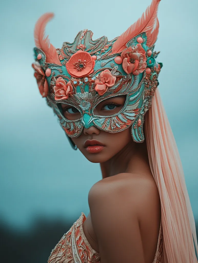 Floral owls aesthetic, onryō marching toward us with vibrant feathered floral owl mask, ominous dark blue sky, simplified shapes, upper body view, editorial photographic portrait, shallow depth of field --ar 3:4 --p x6d9nvz --s 600