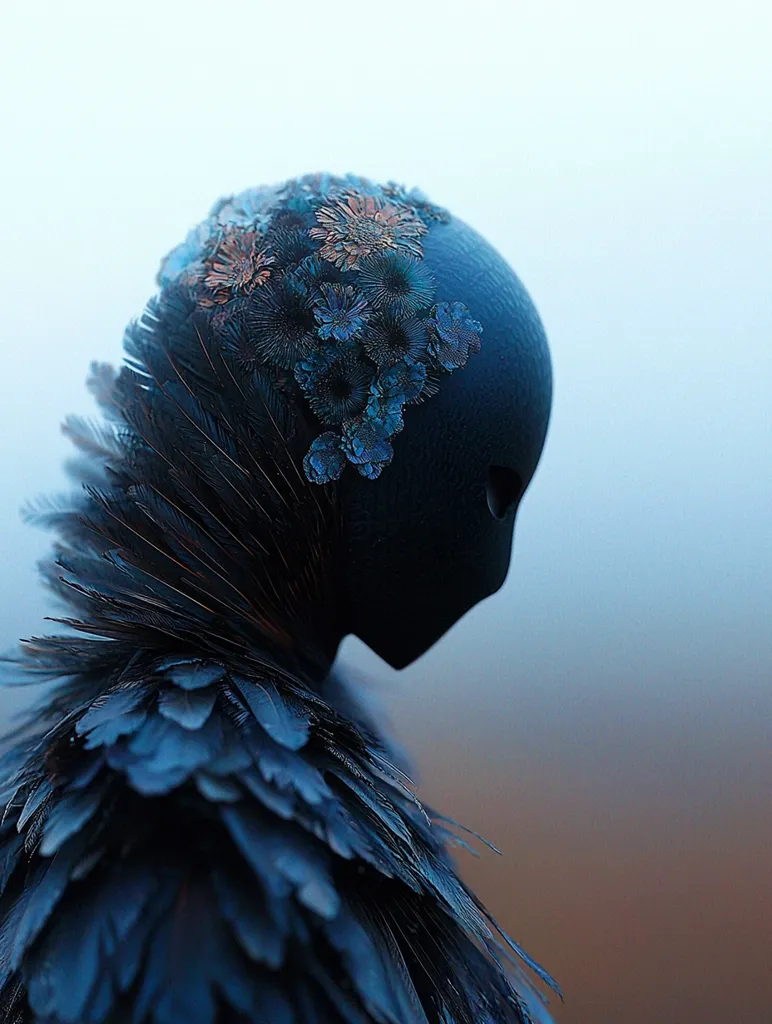 A shadowy figure, cloaked in a dark blue, feather-like garment, stands against a hazy backdrop. Their head is adorned with a crown of blue and gold flowers, a delicate contrast to their somber attire. The figure's face is obscured, adding to the mysterious aura of the image.  The composition focuses on the figure's silhouette, creating a sense of intrigue and leaving the viewer to ponder their story.