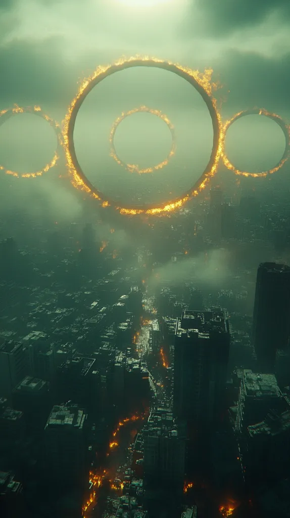 A desolate city is shrouded in fog and smoke, with a series of fiery rings hovering overhead. The rings are a mysterious and ominous presence, casting a shadow over the city below. The cityscape is dark and foreboding, with a few flickering flames illuminating the streets. The overall feeling is one of destruction and despair.  The image evokes a sense of mystery and wonder, leaving the viewer to ponder what caused this apocalyptic event.