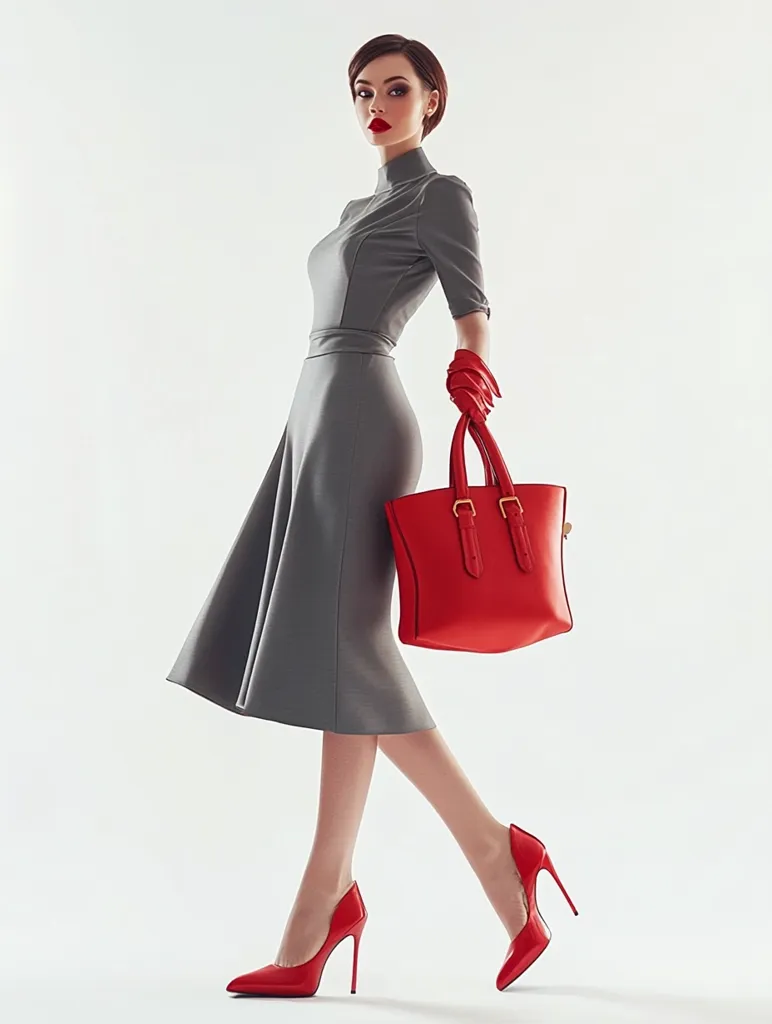 A woman in a grey dress and red heels carries a red handbag. She wears red lipstick and has short dark hair. She is walking confidently towards the camera, her legs crossed. The background is white, providing a clean and simple backdrop for the model.