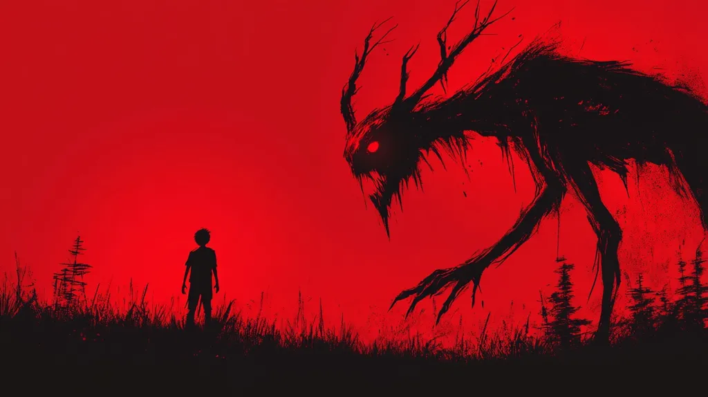 The image depicts a dark, shadowy monster with glowing red eyes, towering over a lone, small figure in a field. The monster has antlers and appears to be advancing towards the figure. The background is a vibrant red, suggesting a sense of danger and urgency. The overall mood is one of fear and dread.